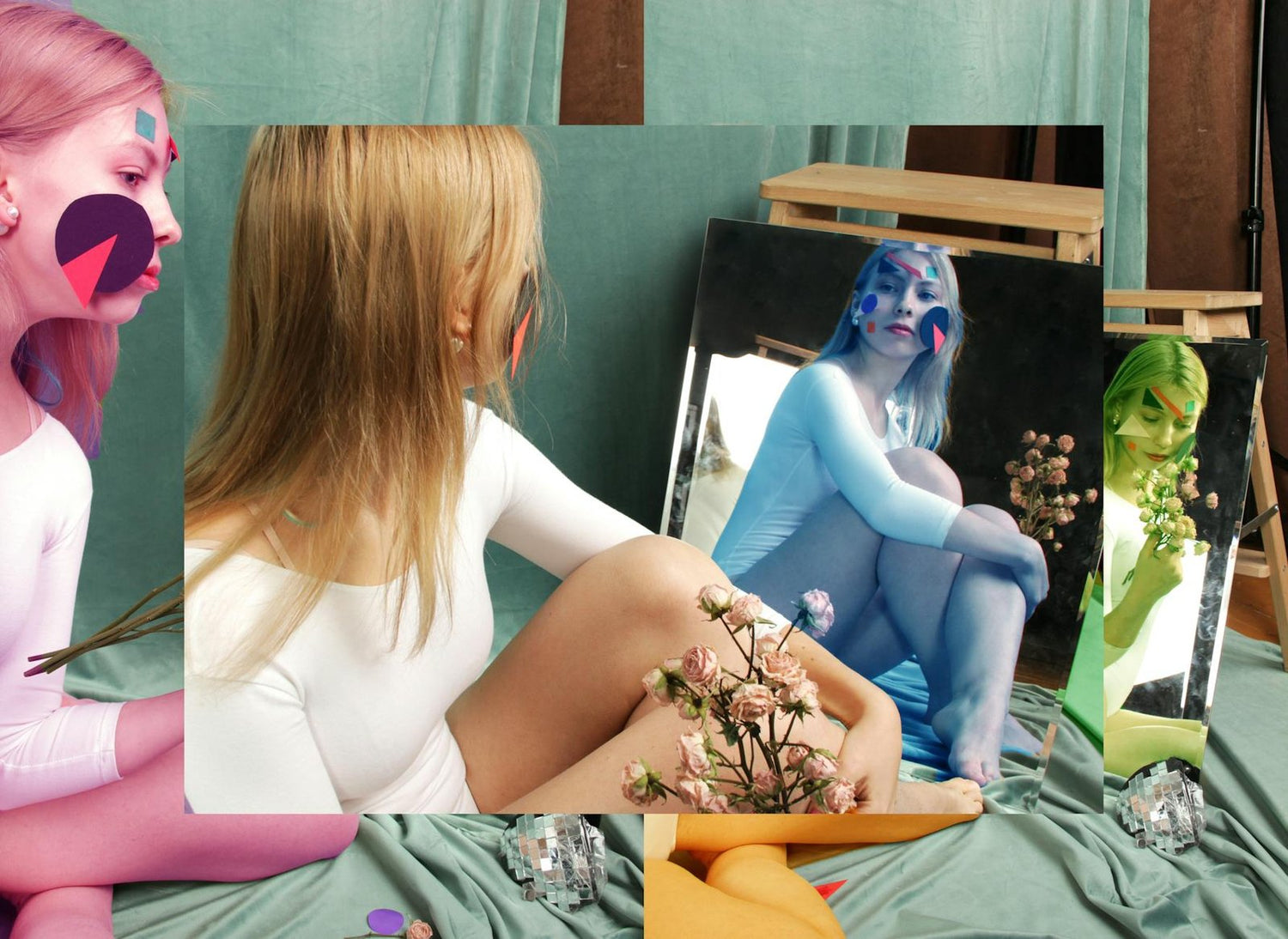Creative photoshoot featuring a woman with artistic face paint, flowers, and mirror reflections.