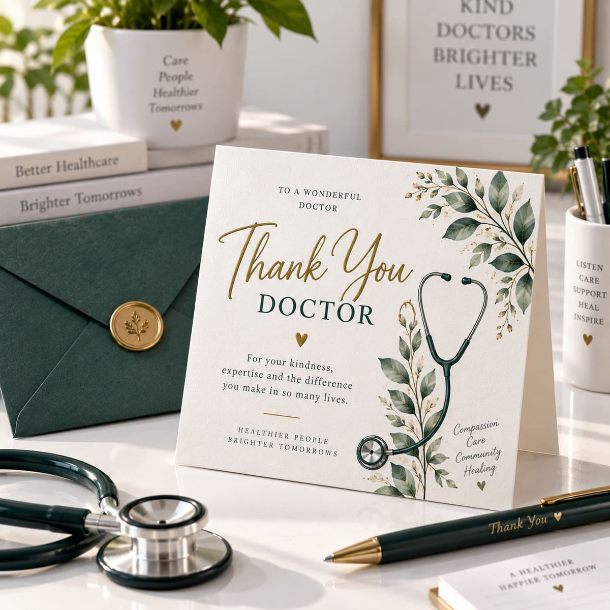 A square white thank-you card with elegant gold and black typography and green botanical illustrations, styled on a tabletop with a dark green envelope, stethoscope, pen, and other healthcare-themed stationery in the background.