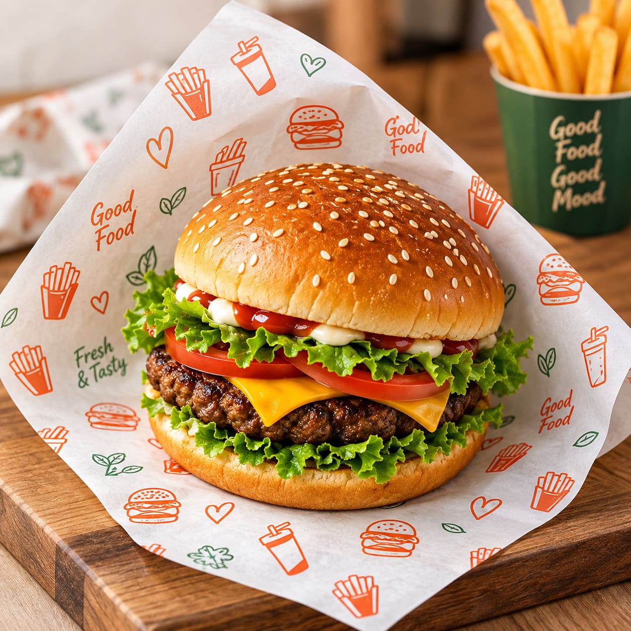 A gourmet cheeseburger with a sesame seed bun, lettuce, tomato, and melted cheese on a wooden board, wrapped in branded white paper with orange food illustrations. A green cup of french fries sits in the background on a wooden table.